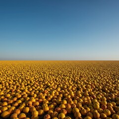 Massive, overwhelming surplus of uniform ripe fruits covering a vast, untouched landscape stretching toward the distant horizon, extreme, accumulation, excessive