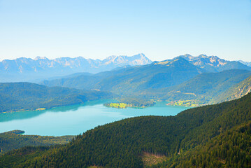 stunning view to turquoise lake Walchensee, Zugspitze mountain bavaria