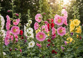 Obraz premium Tall stalks of colorful hollyhock flowers blooming profusely in a summer garden setting under bright sunlight, garden, white, majestic