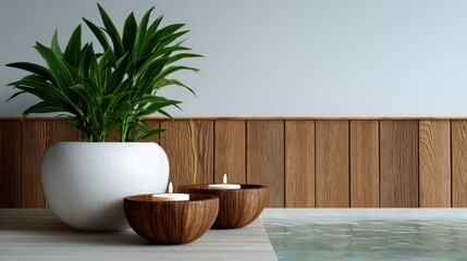 zen spa interior, tranquil spa atmosphere with minimalistic design, wooden elements, bamboo plants, and floating candles, ideal for luxury relaxation promotion
