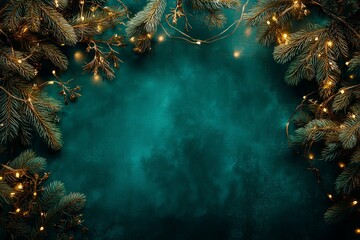 Twinkling golden lights and pine branches frame a dark teal background. The scene captures festive cheer, warmth, and holiday magic.