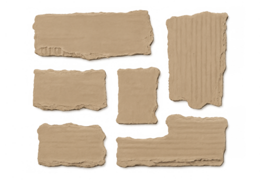 Torn brown cardboard and paper pieces displaying rustic grunge texture and recycling concept on transparent background