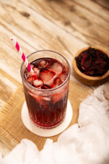 Hibiscus cooler. In Mexico, known as Agua de Jamaica, an infusion made from the hibiscus flower (Hibiscus sabdariffa), which is said to have multiple health benefits. It can be enjoyed hot or cold.