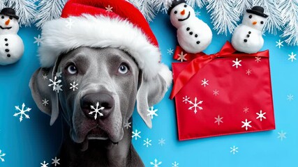 Festive dog in santa hat surrounded by snowmen, snowflakes, and holiday gift