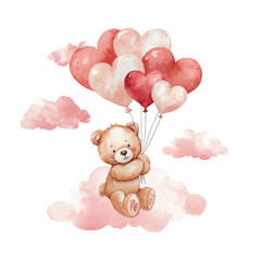 Watercolor illustration of a loving pink teddy bear for Valentine's Day.