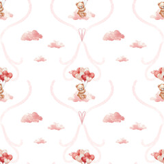 A seamless watercolor pattern featuring a pink teddy bear with balloons in the clouds. A festive background for Valentine's Day.