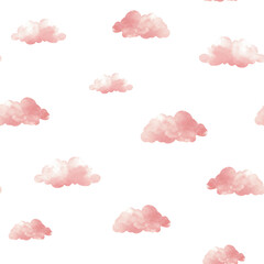 A seamless watercolor pattern featuring a pink teddy bear with balloons in the clouds. A festive background for Valentine's Day.