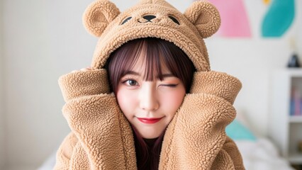 クマのパーカーの袖で顔を隠しウインクする女性