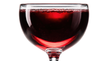 Close-up of a stemmed wine glass filled with red wine.  The glass is clear and has a wide bowl,  showing the ruby-red liquid with bubbles along the rim