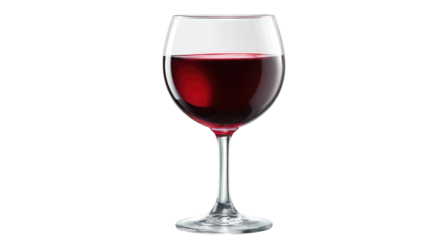 A stemmed wine glass filled with red wine