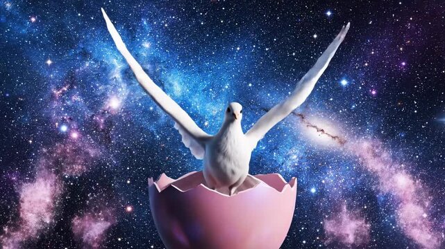 Pink Easter egg cracks open, and a white dove flies out against a cosmic nebula background. Creative art for Easter 2026 video footage
