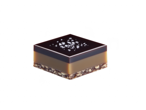 Chocolate caramel slice with sea salt, layered dessert bar featuring chocolate, caramel, biscuit base, and sprinkled salt, isolated on transparency background