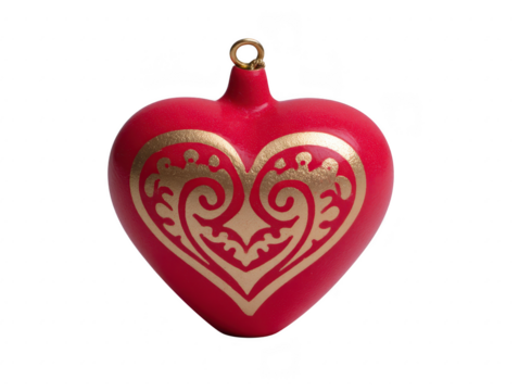 Red heart ornament with gold decorative pattern, festive and elegant, perfect for holiday decoration, Christmas tree, or romantic celebration, symbolizing love and joy
