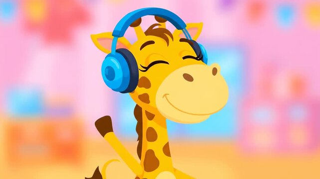 Cartoon giraffe wearing headphones listening to music
