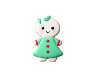 Cute cartoon cookie character with green dress, red buttons, and leaf decoration, smiling with blushing cheeks, isolated on transparency background, playful and cheerful design