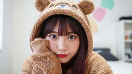 クマのパーカーで頬杖をつき上目遣いで見つめる女性