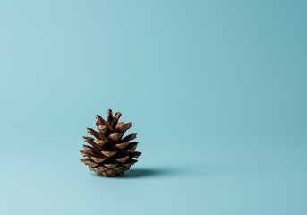 A single brown pine cone rests centered on a vibrant, light blue studio background, highlighting its natural texture and shape ,blue, decoration, decoration