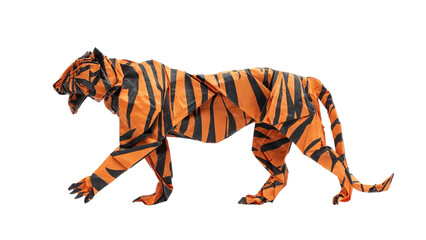 Obraz premium PNG of A creatively folded orange and black origami tiger in a walking pose, showcasing intricate paper craftsmanship.