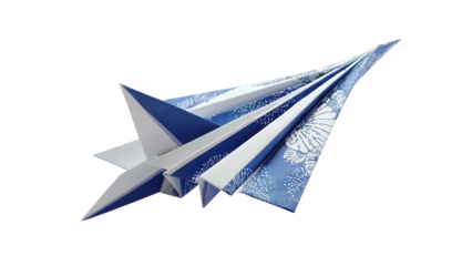 PNG of A close-up of beautifully crafted blue and white paper airplanes, showcasing artistic designs and sharp geometric lines.