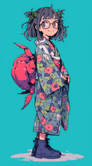 Anime girl with glasses wearing a crab kimono