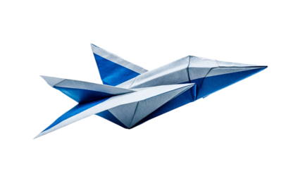 PNG of An intricate blue origami shark, showcasing detailed folds and a dynamic pose against a clean background.