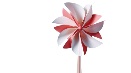 PNG of A vibrant red and white pinwheel twirls gently in the breeze, evoking a playful and cheerful atmosphere.
