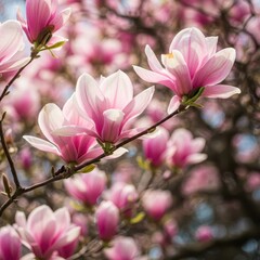 Obraz premium Delicate pink saucer magnolia tree flowers blooming profusely in bright sunlight, signifying the start of the vibrant spring season ,fresh ,pink ,garden