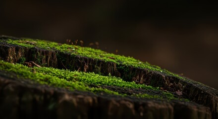 Fototapeta premium Detailed macro photograph of rough wood texture and vibrant green moss against a deep, dark brown, natural woodland floor background, ecosystem, vibrant, moss
