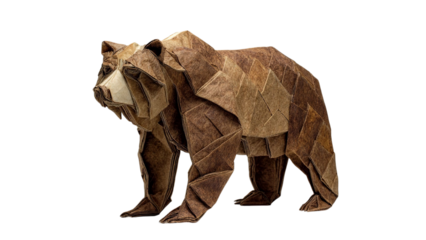 PNG of Intricate origami bear made from brown paper, showcasing detailed folds and a lifelike stance.