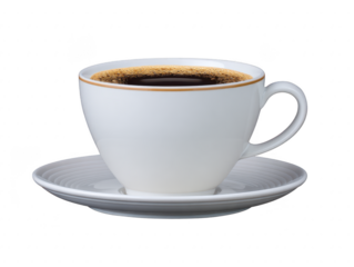 White ceramic cup filled with hot black coffee on matching saucer, isolated on transparency background, minimal style, morning beverage, caffeine boost, inviting and relaxing mood