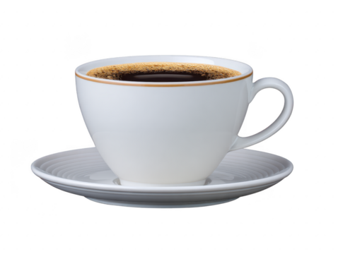 White ceramic cup filled with hot black coffee on matching saucer, isolated on transparency background, minimal style, morning beverage, caffeine boost, inviting and relaxing mood