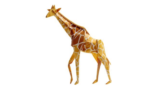 PNG of A vibrant origami giraffe standing tall, showcasing intricate patterns and warm colors.