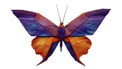 PNG of A vibrant orange and purple origami butterfly displayed elegantly against a black background.