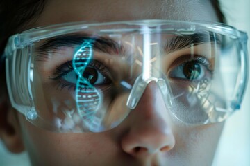 Scientist wearing futuristic augmented reality goggles analyzing dna