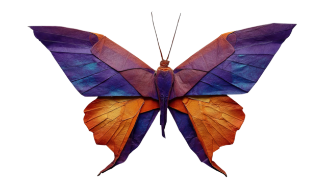 PNG of A vibrant orange and purple origami butterfly displayed elegantly against a black background.
