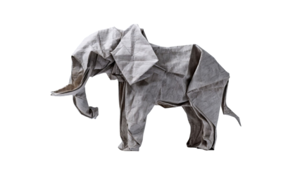 PNG of A meticulously crafted origami elephant made from patterned paper, showcasing intricate folds and artistic detail.