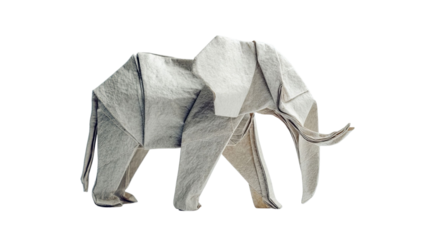 PNG of A detailed origami elephant crafted from textured white paper, showcasing intricate folds and lifelike features.