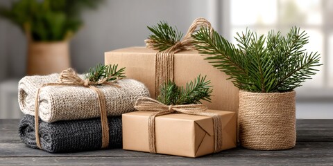 Eco friendly christmas gifts wrapped with rustic natural materials