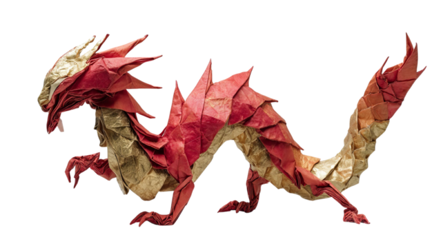 PNG of Intricate origami dragon crafted from vibrant red and gold paper, showcasing remarkable detail and artistry.