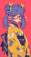 Anime style girl wearing glasses Japanese kimono crab