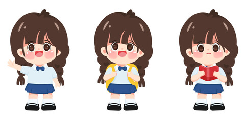 cute girl cartoon kid student in uniform thai student.