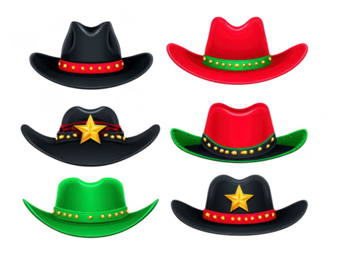 Colorful cowboy hat collection with gold star badge decorative band and festive design featuring black red and green hats perfect for western party costume or celebration