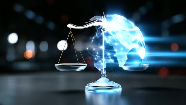 A futuristic interface showing balanced scales &mdash; one side human empathy, the other side AI logic &mdash; glowing in harmony, with copy space.