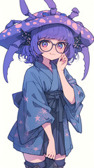 Anime style girl wearing glasses Japanese kimono crab