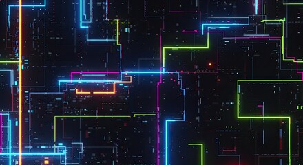 Abstract futuristic digital glitch background, RGB chromatic aberration, neon distortion lines and pixels