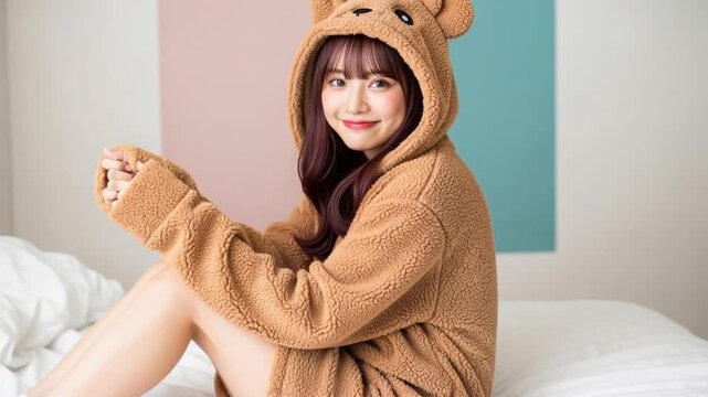 ベッドの上で振り返り微笑むクマのパーカーの女性