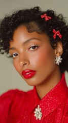 Fototapeta premium Black female model with curly hair and red lipstick poses elegantly in a vibrant red blouse, showcasing beauty and style in a close-up beauty editorial