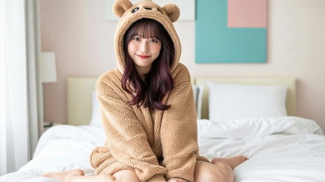ベッドに座り優しく微笑むクマの着ぐるみの女性