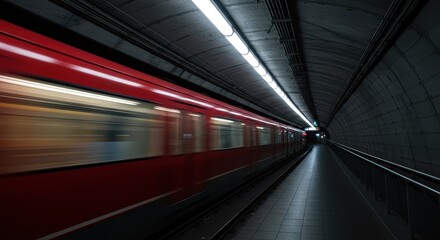 Fototapeta premium Modern public transport rushing through a dark, concrete underground passage structure. Essential metropolitan high-speed infrastructure ,speed ,tunnel ,motion