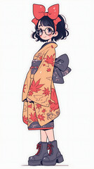 Anime style girl wearing glasses Japanese kimono crab